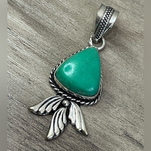 Artisan Jewelry - Gorgeous Chrysocolla Gemstone and 925 Sterling Silver 2" Drop Pendant Necklace